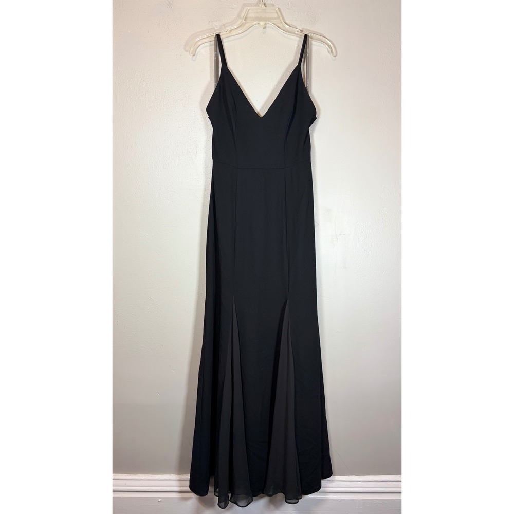 Vera Wang Black‎ Satin Godet Evening Gown Dress 0 V-Neck Minimalist Glam Formal
